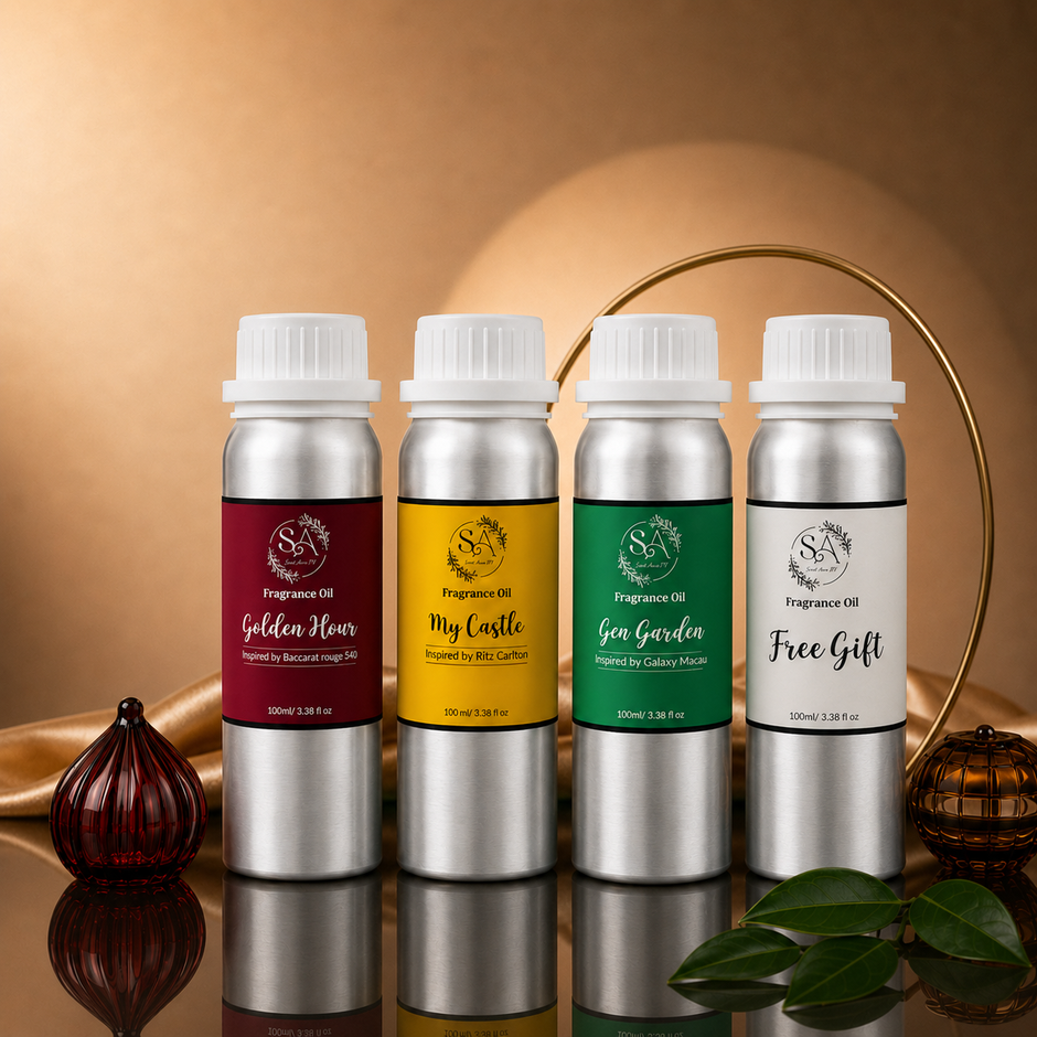 100ml diffuser oil 4-pack: Golden Hour, My Castle, Zen Garden plus a free oil