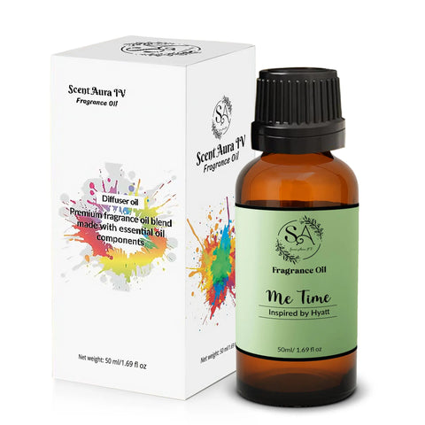 Bottle of 'Me Time' fragrance oil with packaging on a white background
