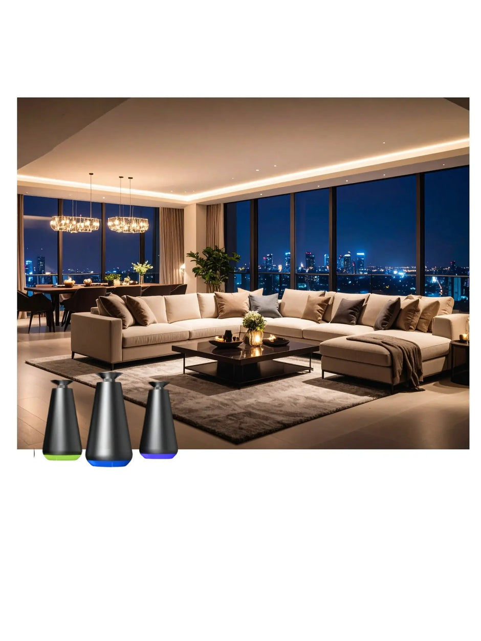 Modern living room with a sectional sofa, coffee table, and decorative vases.