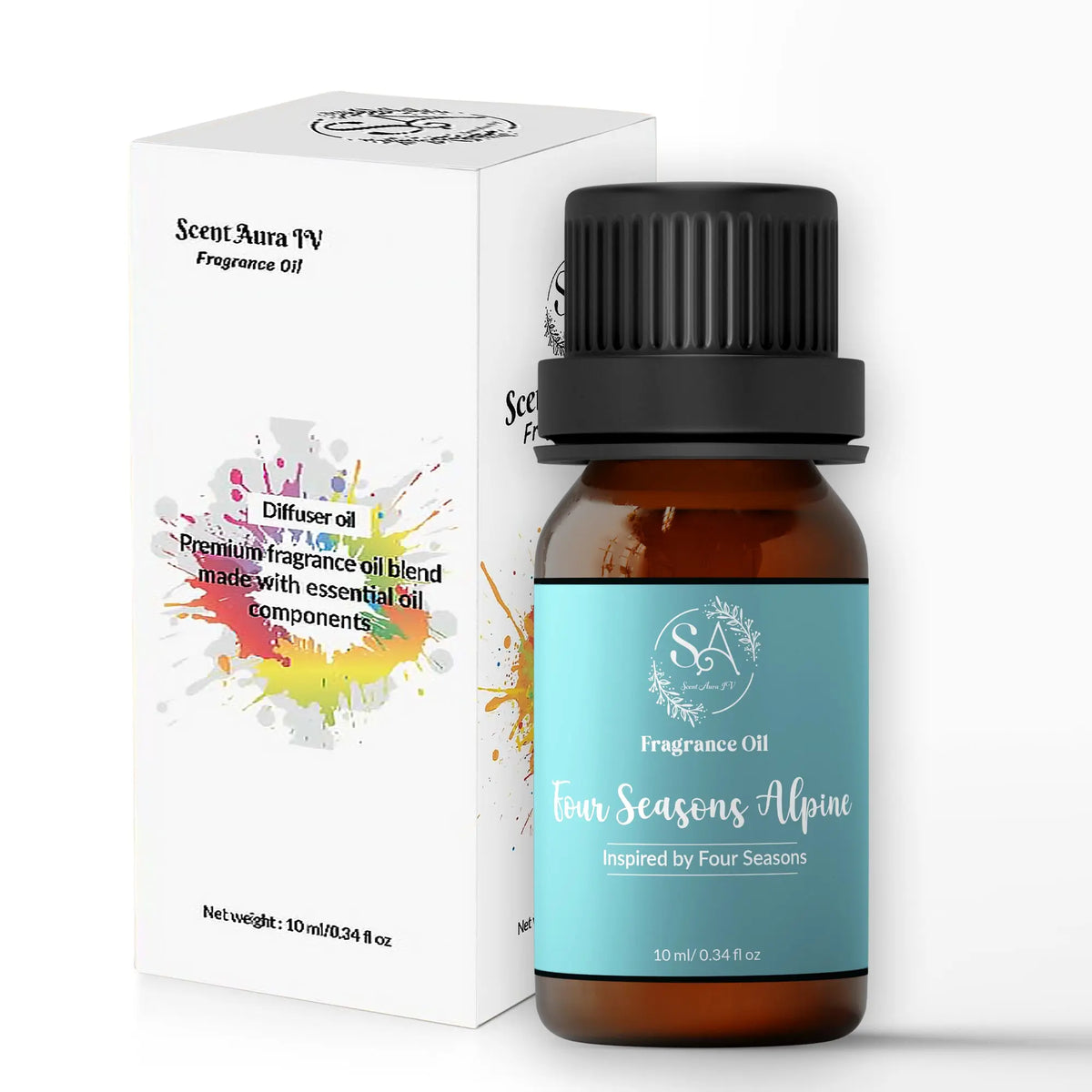 Fragrance oil bottle and packaging with 'Scent Aura' branding on a white background