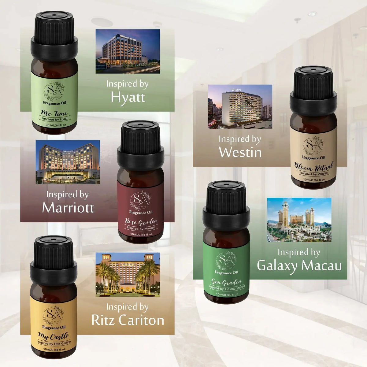 Collection of diffuser oil bottles inspired by various hotels with corresponding hotel images on a white background.