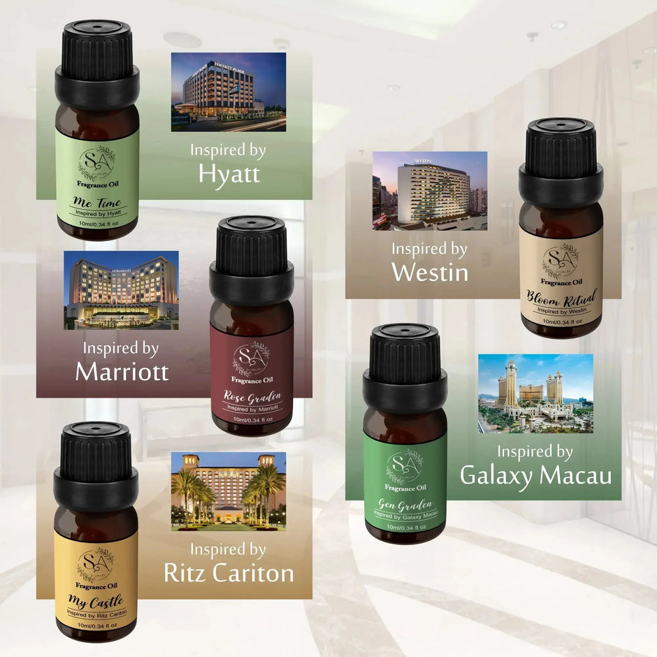 Collection of diffuser oil bottles inspired by various hotels with corresponding hotel images on a white background.
