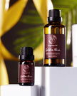 Two bottles of 'Golden Hour' fragrance oil on a white surface with a blurred green leafy background.
