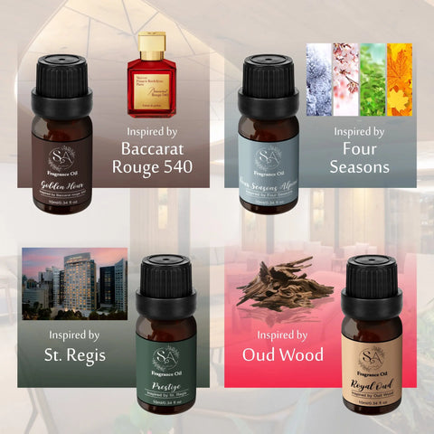 Diffuser Oil Set of 4 - Luxury Hotel & Designer Collection Four Seasons, St. Regis, Baccarat Rouge, Oud Wood Scent Aura IV