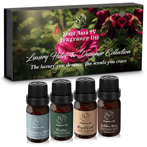 Diffuser Oil Set of 4 - Luxury Hotel & Designer Collection Four Seasons, St. Regis, Baccarat Rouge, Oud Wood Scent Aura IV