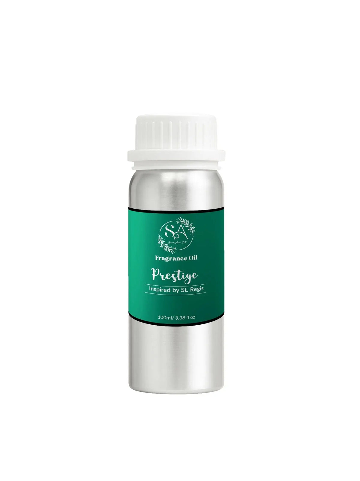 Fragrance oil bottle with green label and silver cap on a white background