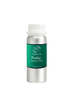 Fragrance oil bottle with green label and silver cap on a white background