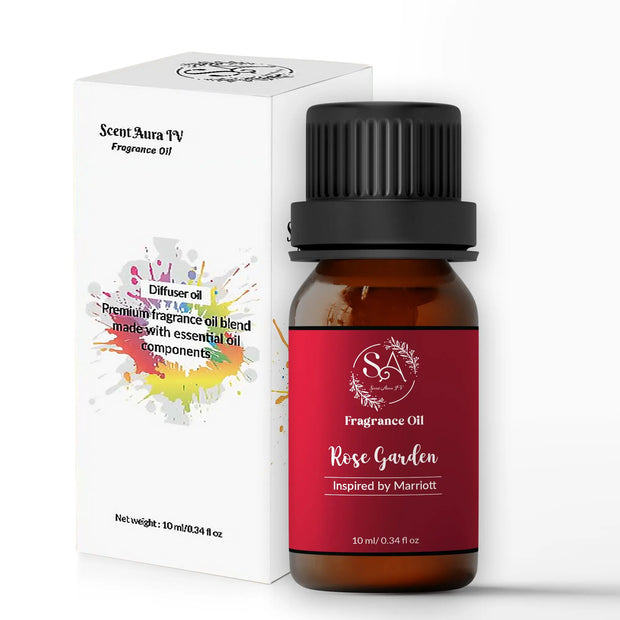 Rose Garden Fragrance oil bottle with red label and black cap next to its packaging on a white background