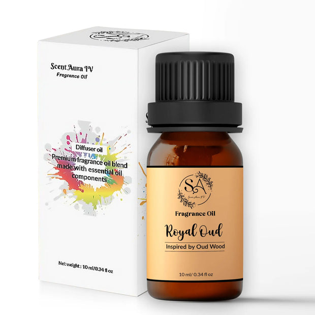 Oud wood Fragrance oil bottle with 'Scent Aura' branding and packaging on a white background