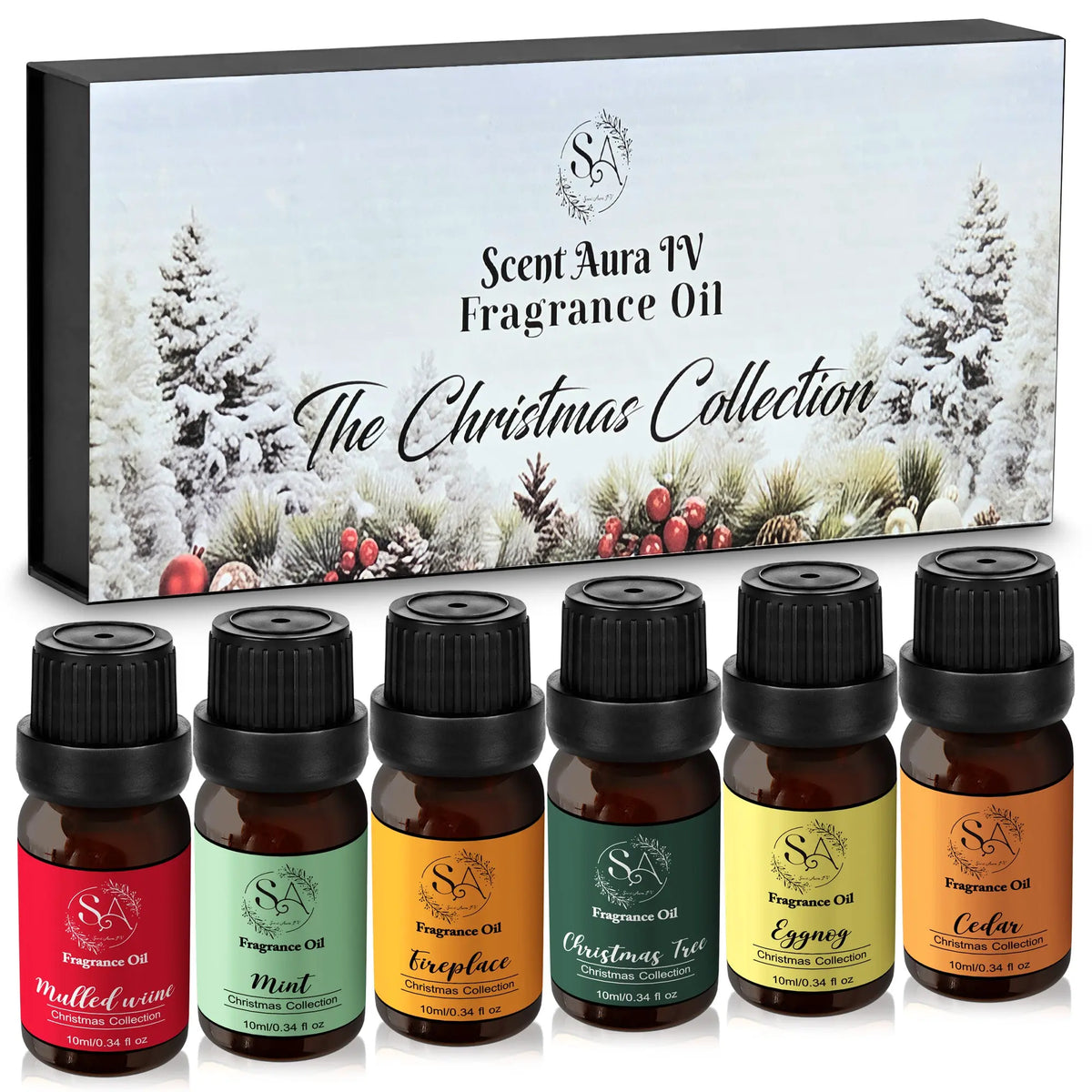 Set of six Christmas diffuser oils with colorful labels in front of a 'Scent Aura IV' Christmas collection box.