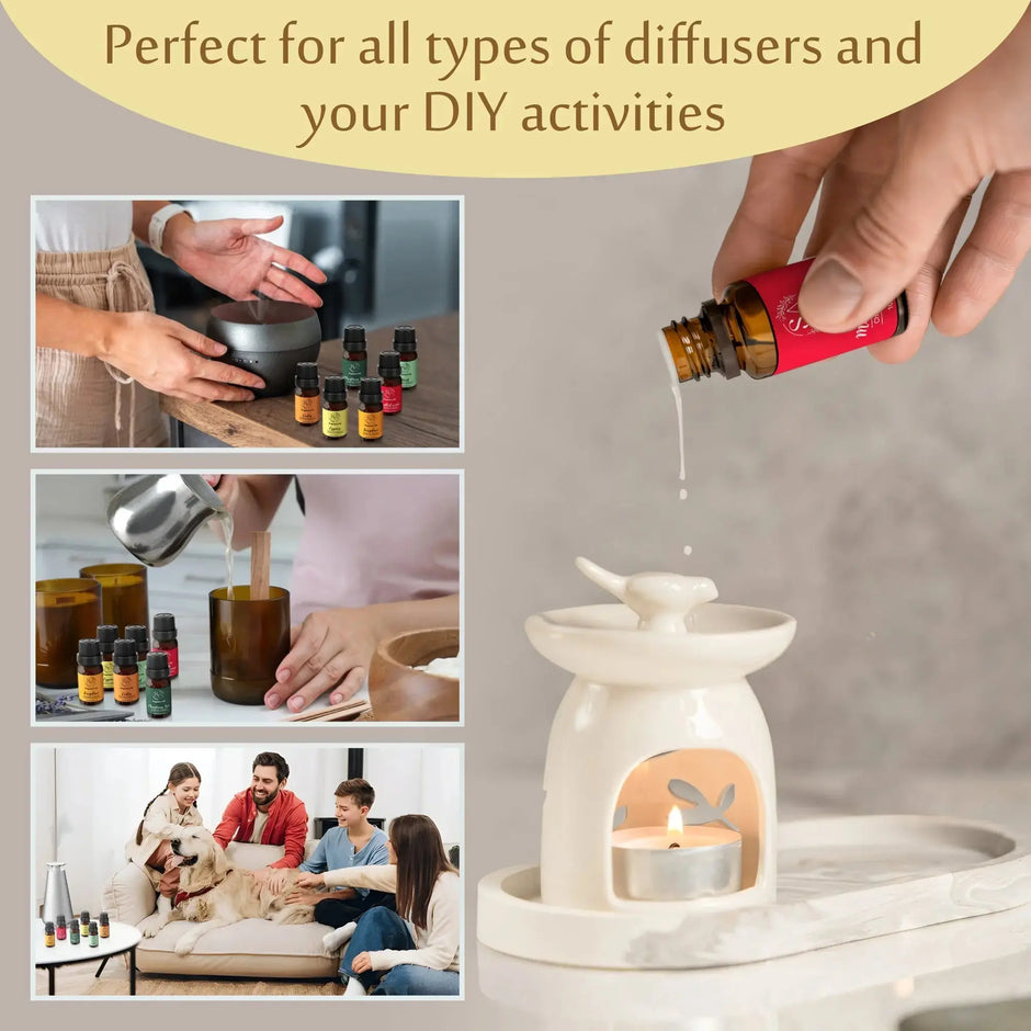 Collage of people using diffusers and a person pouring diffuser oil into a diffuser with text about diffusers and DIY activities.