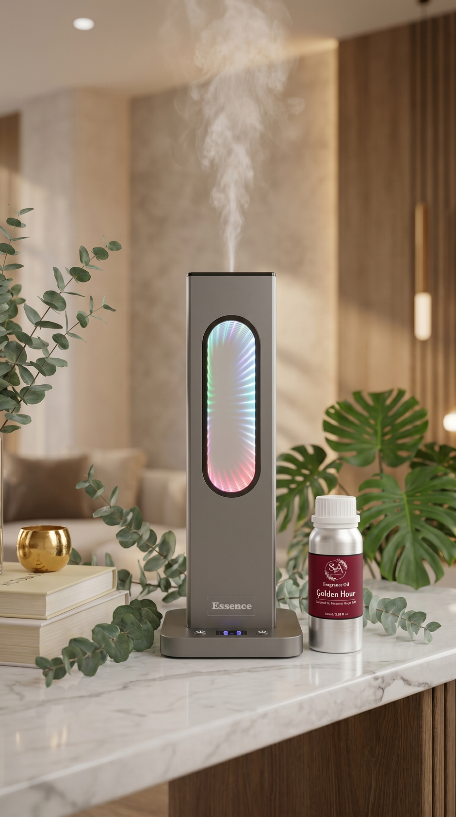 Essence smart waterless diffuser glowing on a console with mist rising, styled with greenery and Golden Hour oil