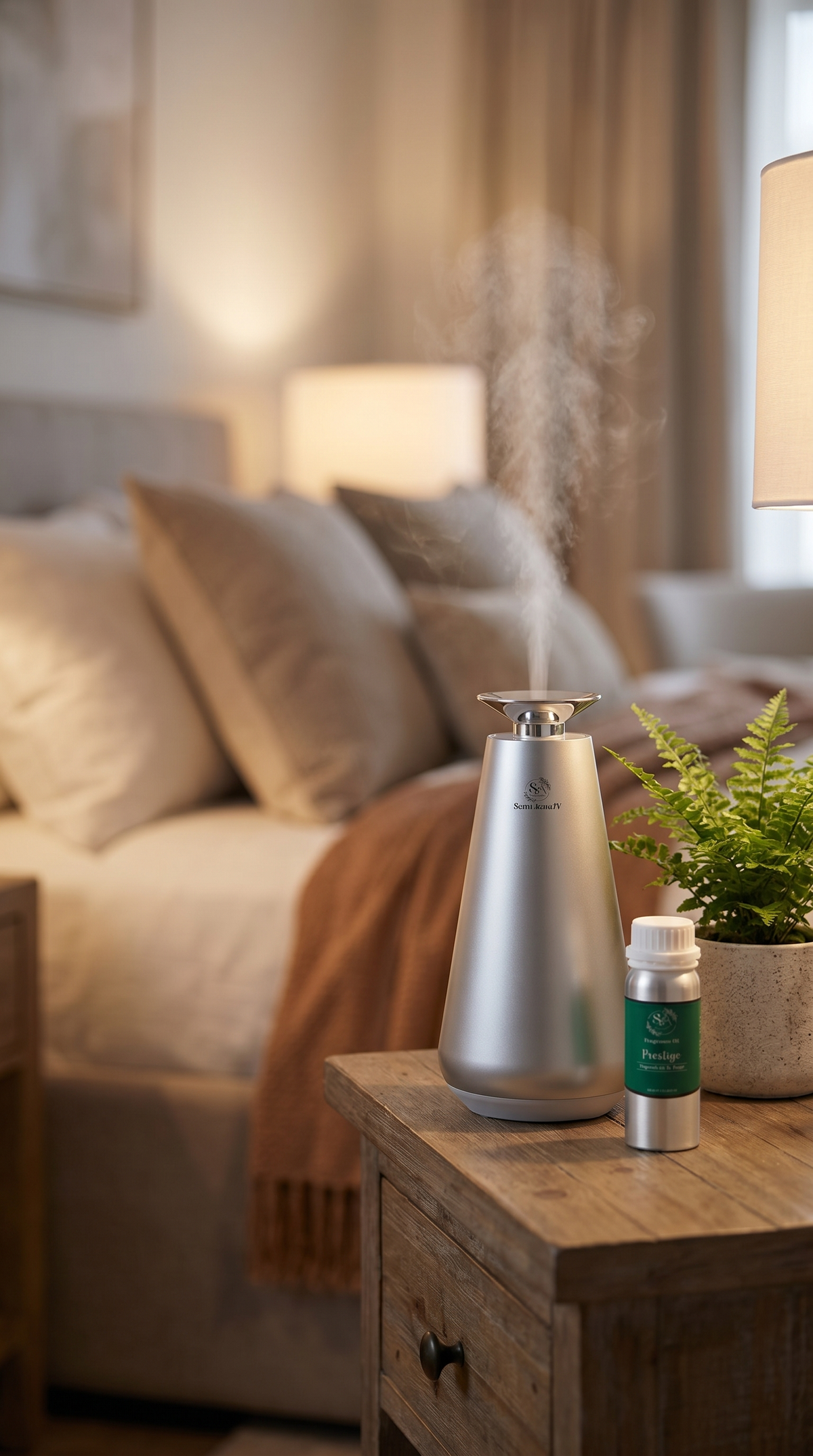 Pod1 smart waterless diffuser on a nightstand in a cozy bedroom with mist rising