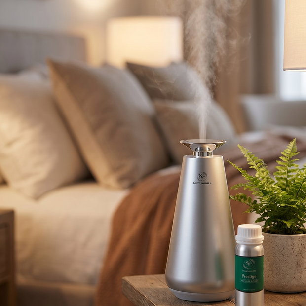 Pod1 smart waterless diffuser on a nightstand in a cozy bedroom with mist rising
